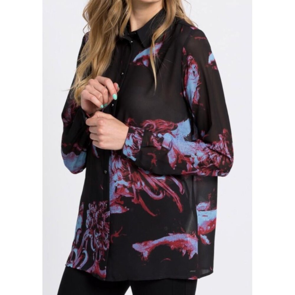 DIESEL C-Galac-G Shirt Black Lotus Flower Koi Fish Sheer Long Sleeve Button Down